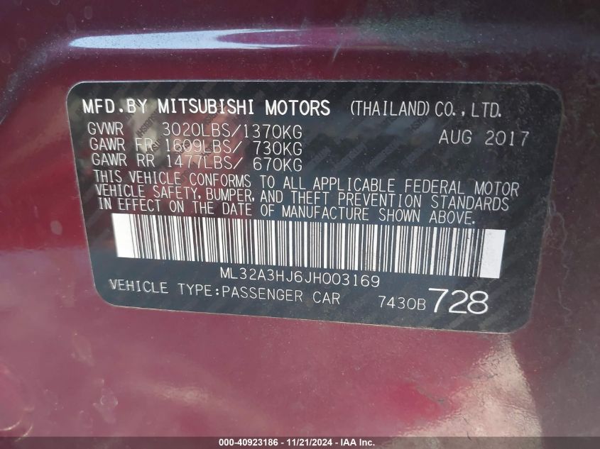 2018 Mitsubishi Mirage Es VIN: ML32A3HJ6JH003169 Lot: 40923186