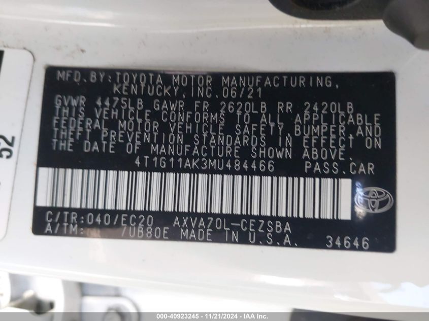 2021 TOYOTA CAMRY 2.5L I-4 DI, DOHC, V(VIN: 4T1G11AK3MU484466
