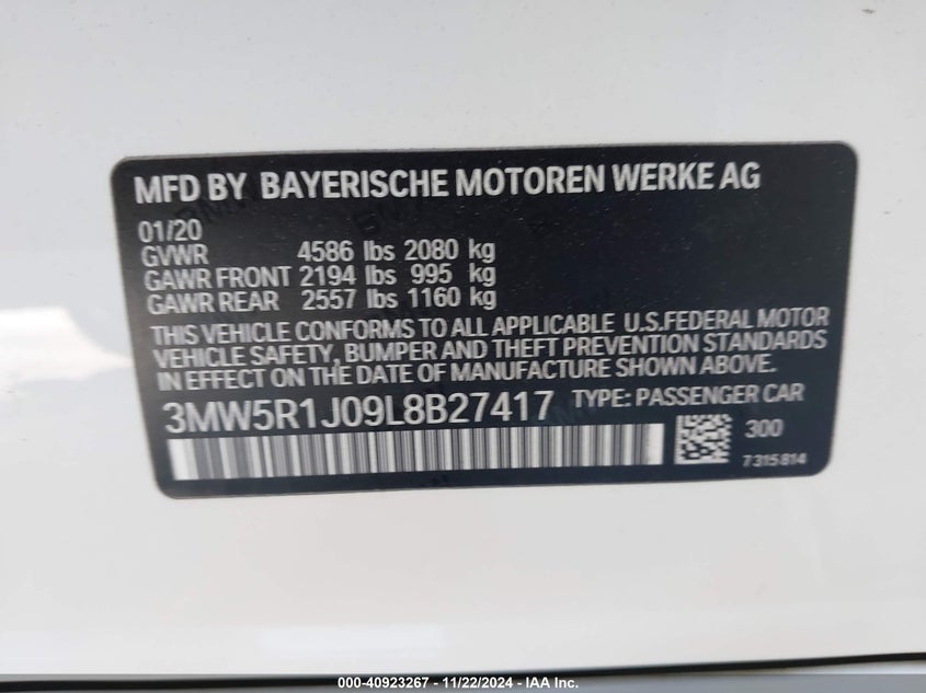 2020 BMW 330I VIN: 3MW5R1J09L8B27417