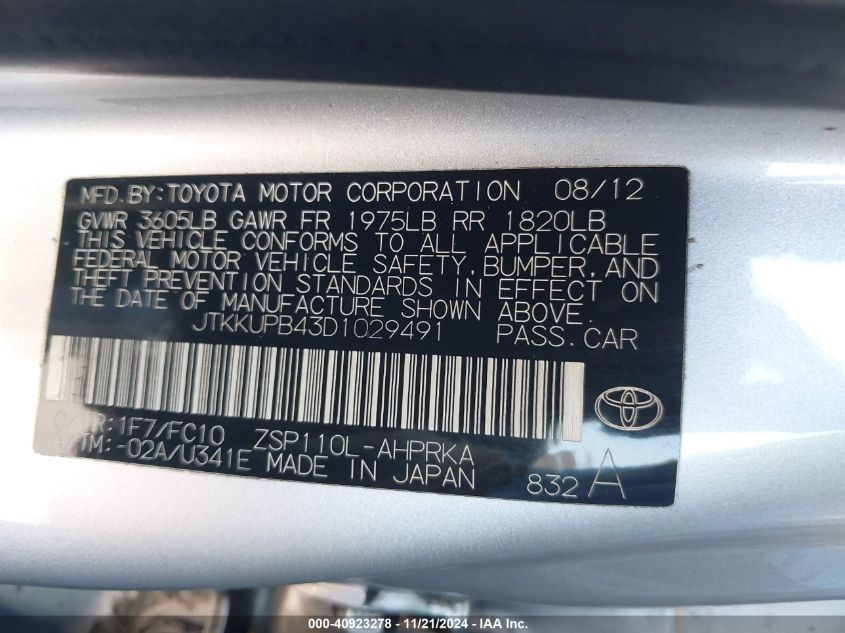 2013 Scion Xd 10 Series VIN: JTKKUPB43D1029491 Lot: 40923278