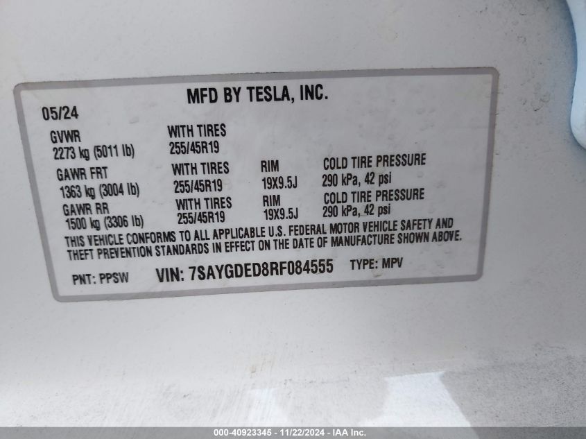 2024 Tesla Model Y Long Range Dual Motor All-Wheel Drive/Rwd VIN: 7SAYGDED8RF084555 Lot: 40923345