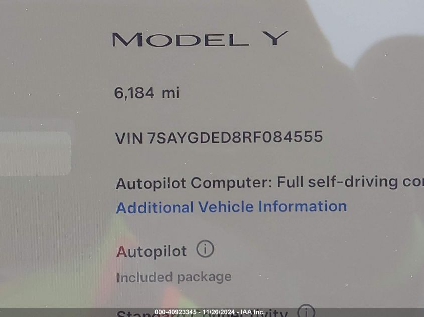 2024 Tesla Model Y Long Range Dual Motor All-Wheel Drive/Rwd VIN: 7SAYGDED8RF084555 Lot: 40923345