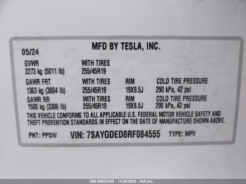 2024 Tesla Model Y Long Range Dual Motor All-Wheel Drive/Rwd VIN: 7SAYGDED8RF084555 Lot: 40923345