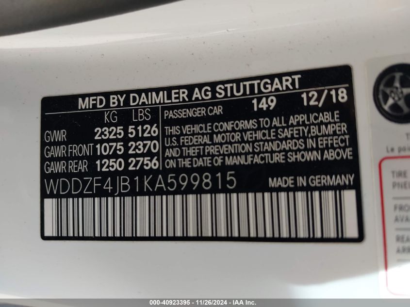 VIN WDDZF4JB1KA599815 2019 Mercedes-Benz E 300 no.9