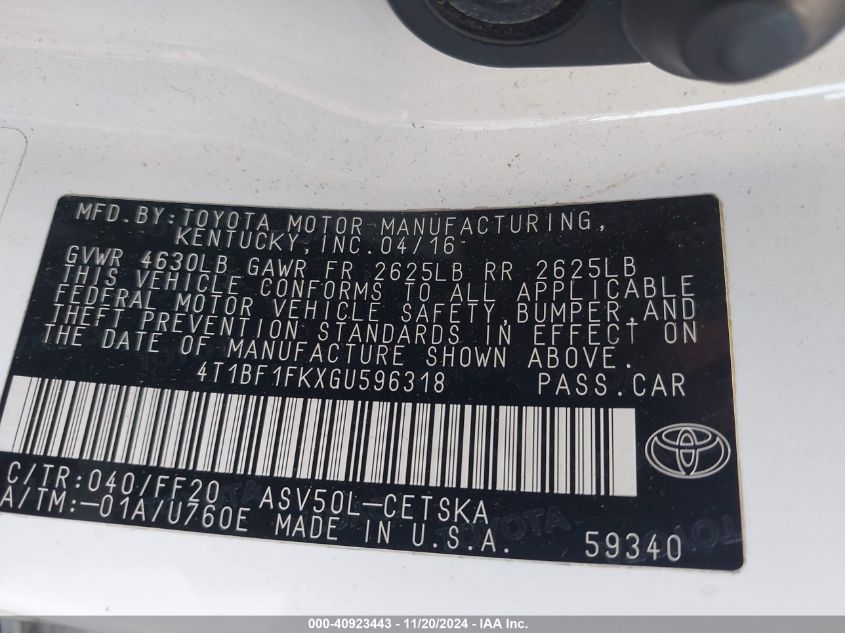 2016 TOYOTA CAMRY VIN: 4T1BF1FKXGU596318