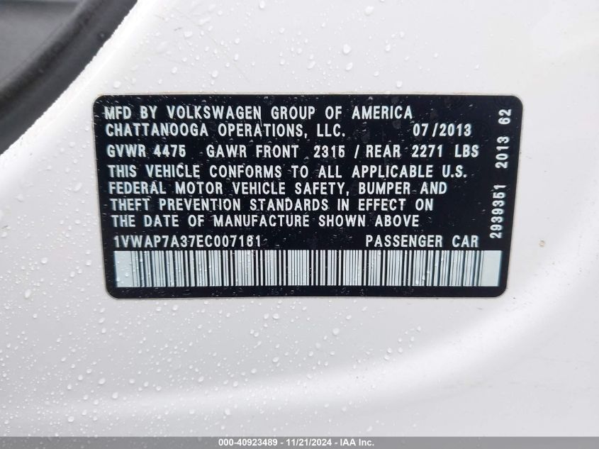 2014 Volkswagen Passat 2.5L Wolfsburg Edition VIN: 1VWAP7A37EC007161 Lot: 40923489