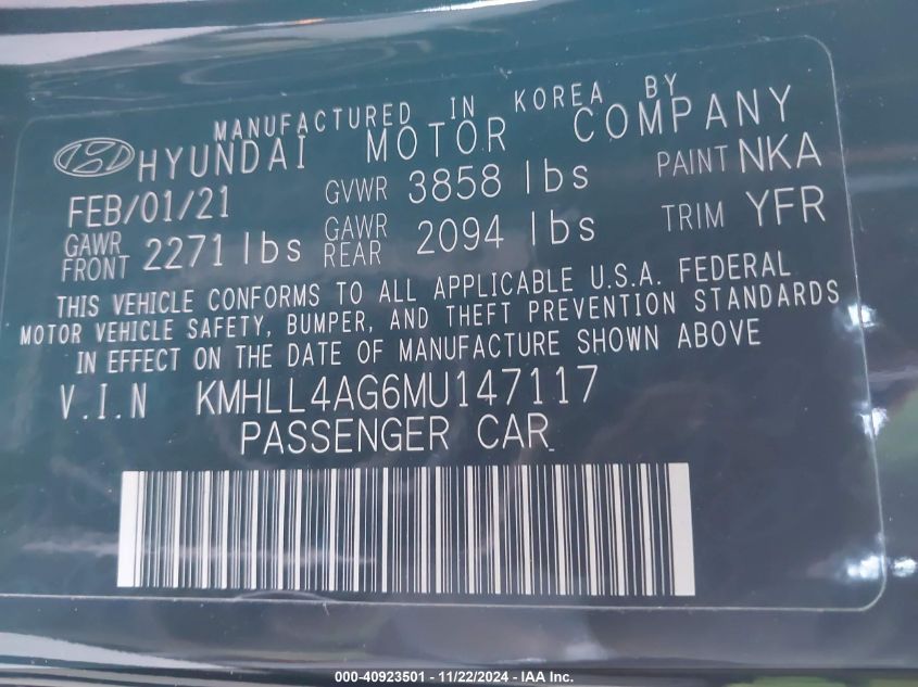 VIN KMHLL4AG6MU147117 2021 Hyundai Elantra, SE no.9