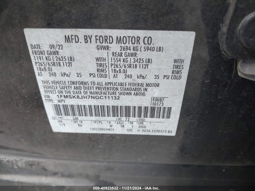 2022 Ford Explorer Timberline VIN: 1FMSK8JH7NGC11132 Lot: 40923532