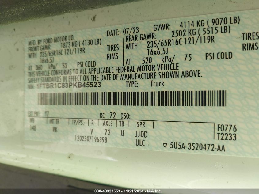 2023 FORD TRANSIT-250 CARGO VAN 1FTBR1C83PKB45523