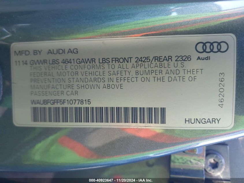 2015 Audi S3 2.0T Premium Plus VIN: WAUBFGFF5F1077815 Lot: 40923647