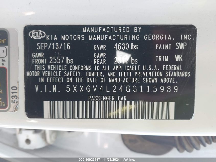 2016 Kia Optima Sxl Turbo VIN: 5XXGV4L24GG115939 Lot: 40923867