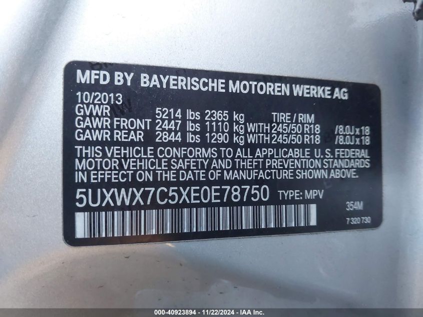 2014 BMW X3 xDrive35I VIN: 5UXWX7C5XE0E78750 Lot: 40923894