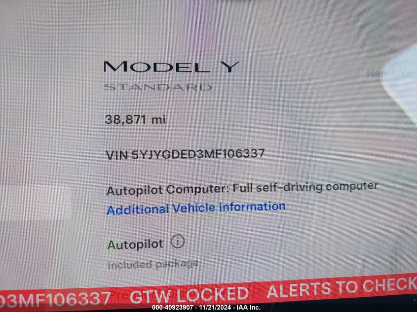 2021 TESLA MODEL Y STANDARD RANGE REAR-WHEEL DRIVE - 5YJYGDED3MF106337