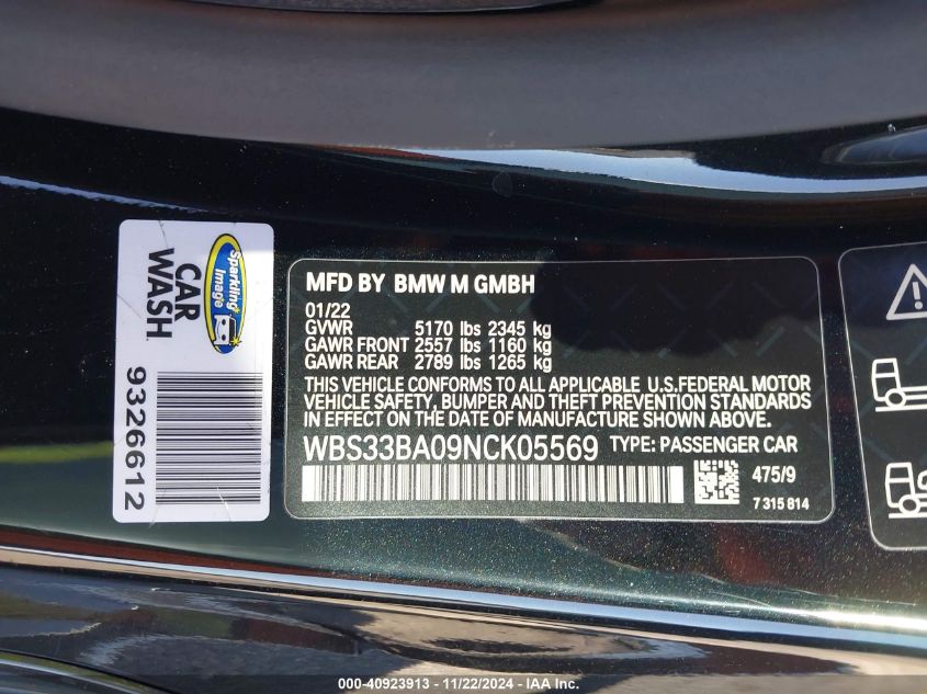 2022 BMW M4 Competition xDrive VIN: WBS33BA09NCK05569 Lot: 40923913