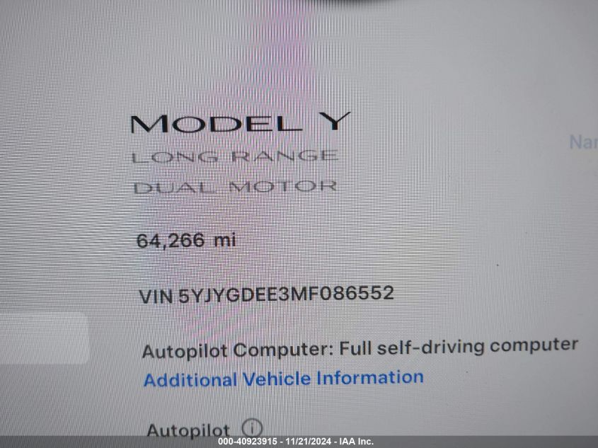 2021 Tesla Model Y Long Range Dual Motor All-Wheel Drive VIN: 5YJYGDEE3MF086552 Lot: 40923915