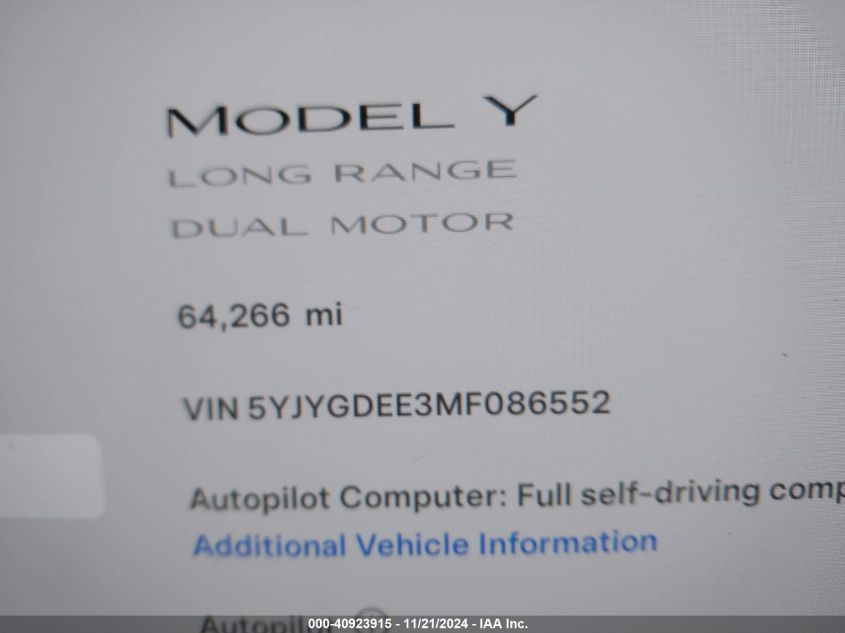 2021 Tesla Model Y Long Range Dual Motor All-Wheel Drive VIN: 5YJYGDEE3MF086552 Lot: 40923915