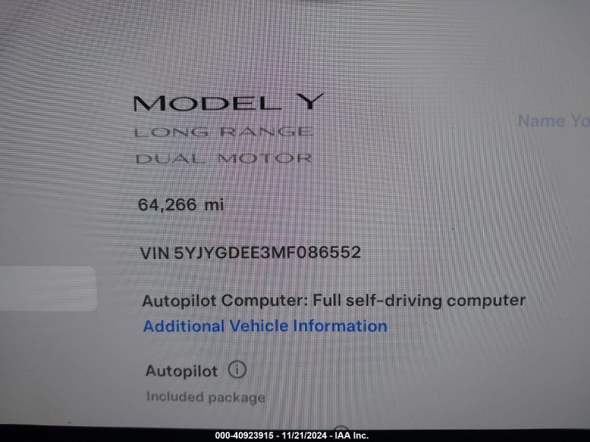 2021 Tesla Model Y Long Range Dual Motor All-Wheel Drive VIN: 5YJYGDEE3MF086552 Lot: 40923915