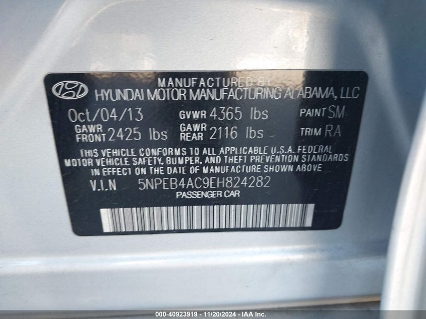 2014 Hyundai Sonata Gls VIN: 5NPEB4AC9EH824282 Lot: 40923919