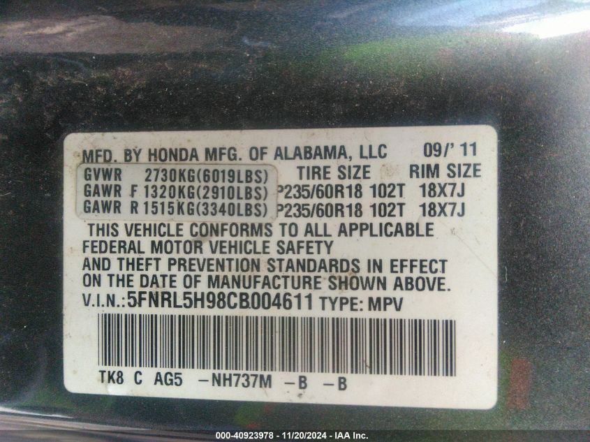 2012 Honda Odyssey Touring/Touring Elite VIN: 5FNRL5H98CB004611 Lot: 40923978