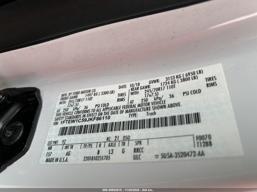 VIN 1FTEW1C59JKF86110 2018 FORD F150