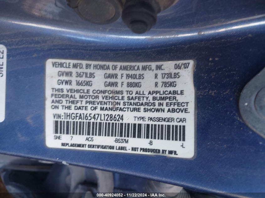 2007 HONDA CIVIC VIN: 1HGFA16547L128624