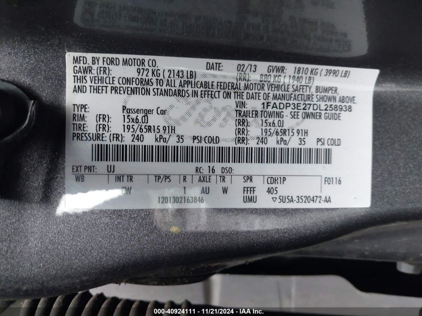 2013 FORD FOCUS S - 1FADP3E27DL258938