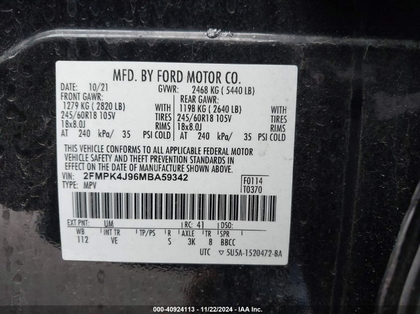 2021 Ford Edge Sel VIN: 2FMPK4J96MBA59342 Lot: 40924113