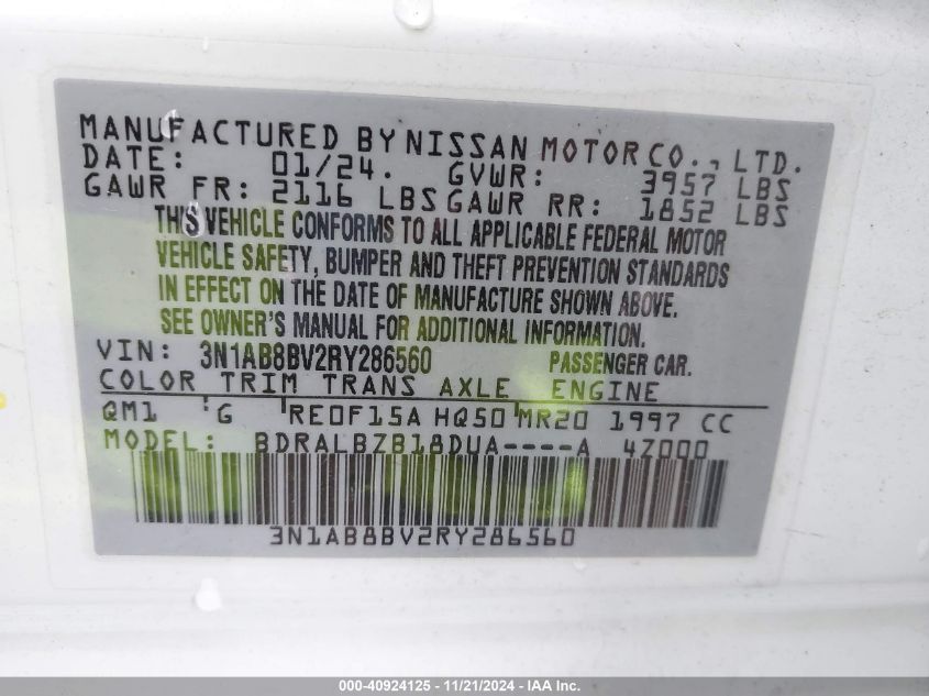 2024 Nissan Sentra S Xtronic Cvt VIN: 3N1AB8BV2RY286560 Lot: 40924125