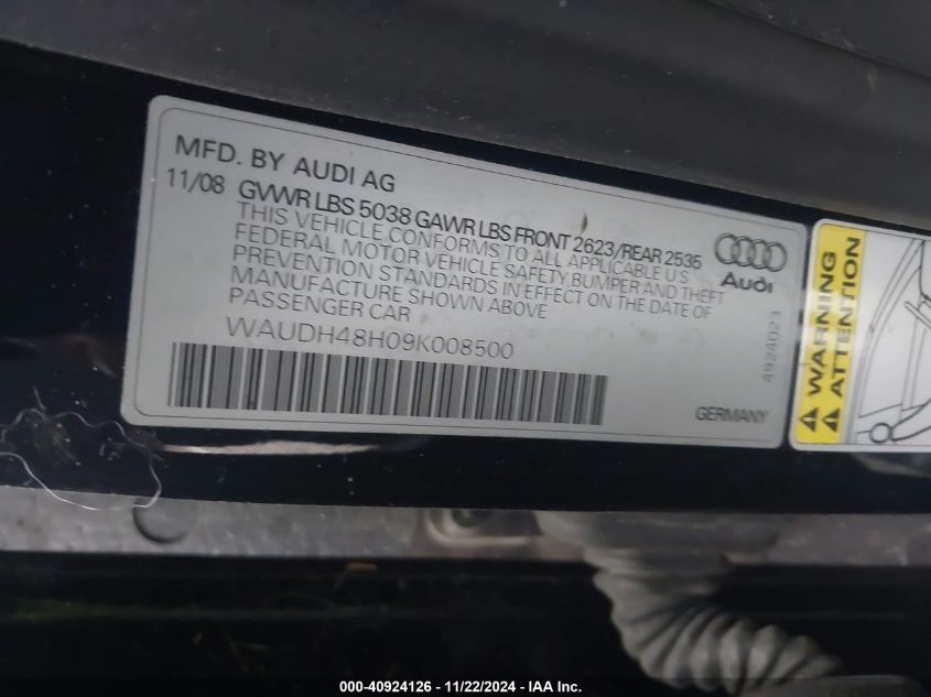 2009 Audi A4 3.2 Special Edition VIN: WAUDH48H09K008500 Lot: 40924126