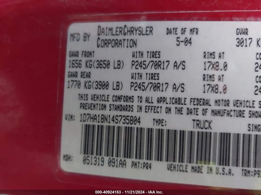 2004 Dodge Ram 1500 St VIN: 1D7HA18N14S735804 Lot: 40924183