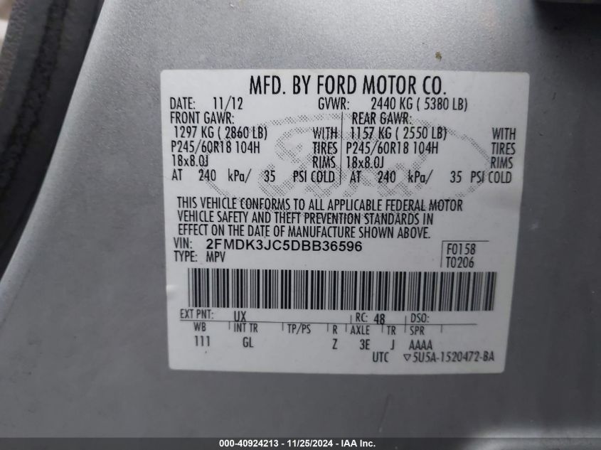 VIN 2FMDK3JC5DBB36596 2013 FORD EDGE no.9