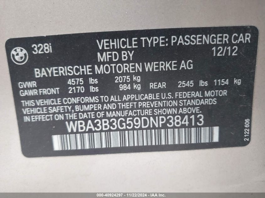 VIN WBA3B3G59DNP38413 2013 BMW 328I no.9