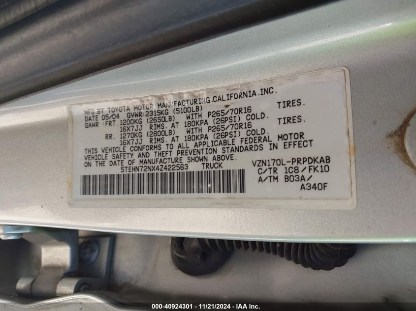 2004 Toyota Tacoma Base V6 VIN: 5TEHN72NX4Z422563 Lot: 40924301