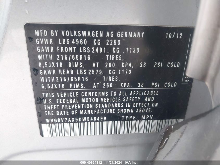 2013 Volkswagen Tiguan S VIN: WVGBV7AX9DW546499 Lot: 40924312