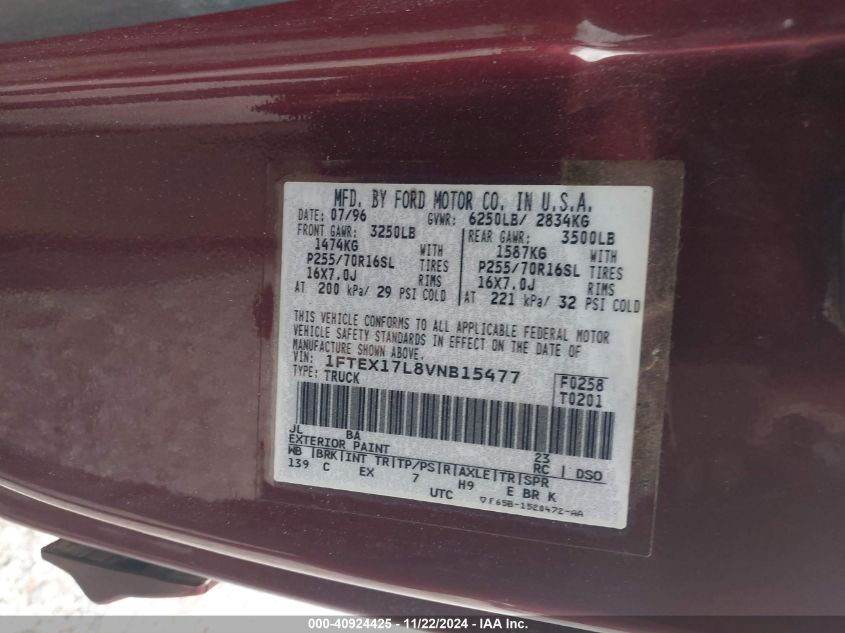 1997 Ford F-150 Lariat/Xl/Xlt VIN: 1FTEX17L8VNB15447 Lot: 40924425