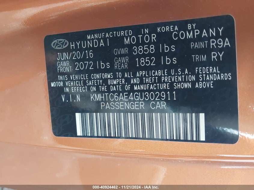 2016 HYUNDAI VELOSTER VIN: KMHTC6AE4GU302911