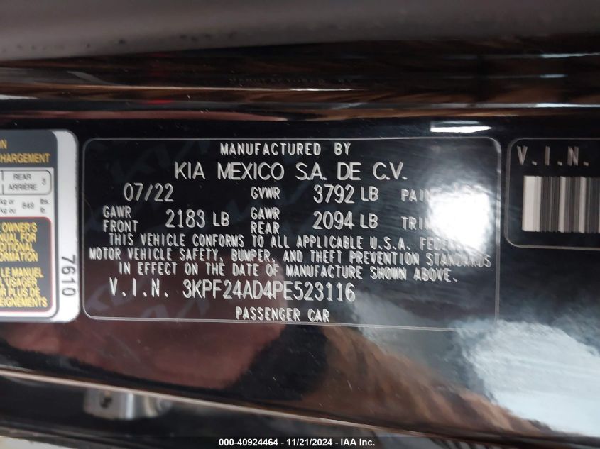 2023 Kia Forte Lxs VIN: 3KPF24AD4PE523116 Lot: 40924464