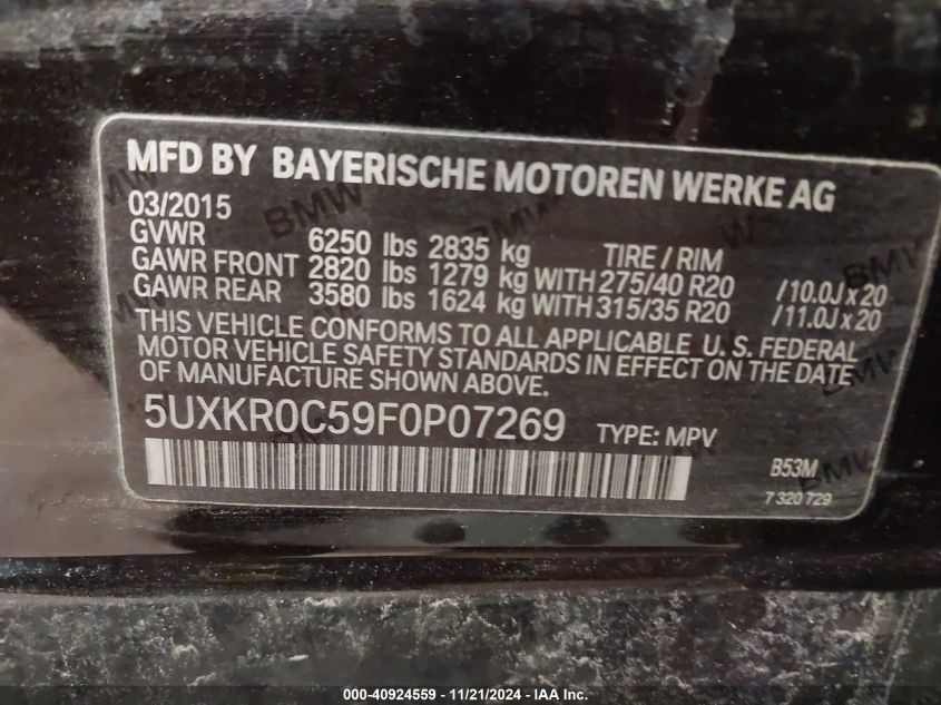 2015 BMW X5 xDrive35I VIN: 5UXKR0C59F0P07269 Lot: 40924559