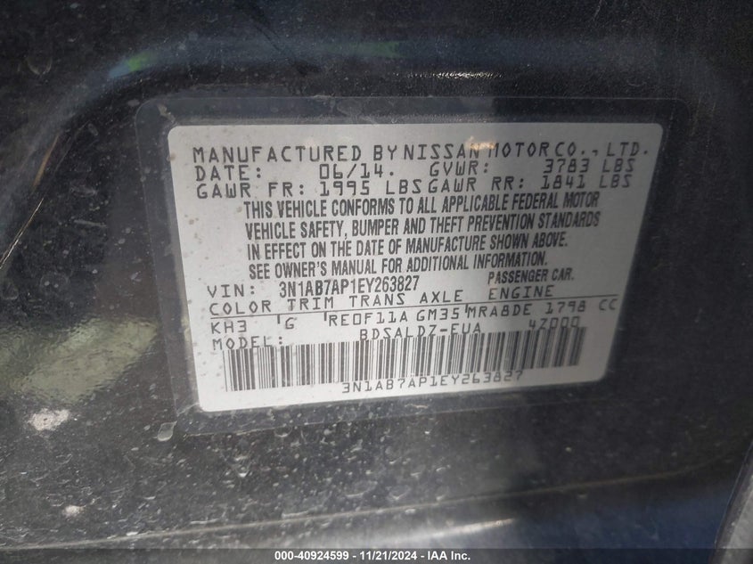 2014 Nissan Sentra Sv VIN: 3N1AB7AP1EY263827 Lot: 40924599