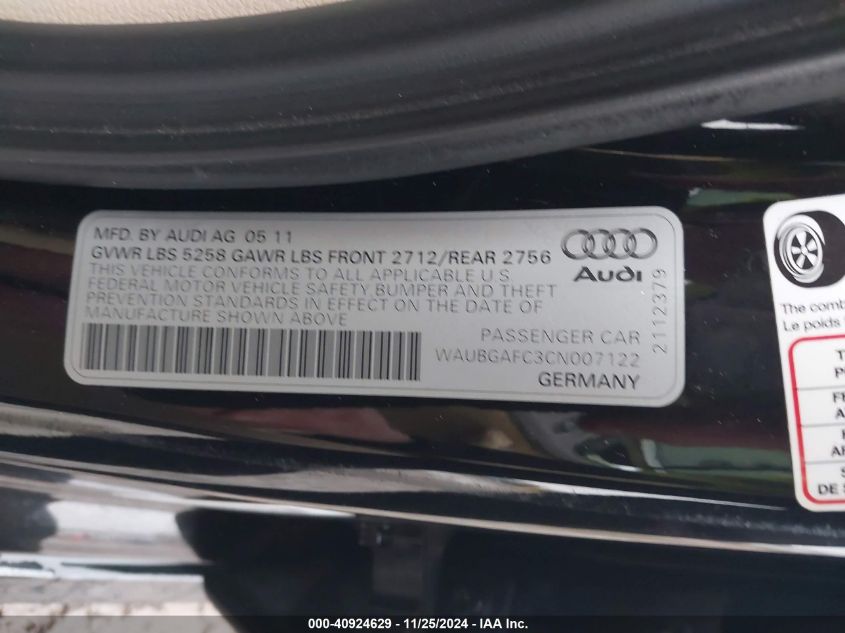 2012 Audi A6 3.0 Premium VIN: WAUBGAFC3CN007122 Lot: 40924629