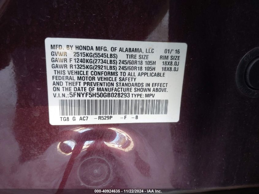 2016 Honda Pilot Ex-L VIN: 5FNYF5H50GB028293 Lot: 40924635