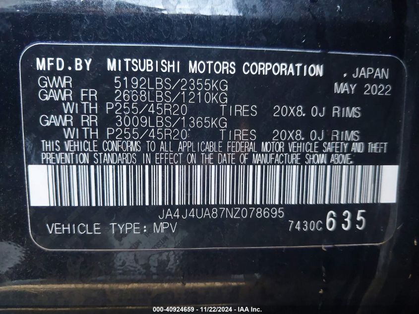 2022 Mitsubishi Outlander Black Edition VIN: JA4J4UA87NZ078695 Lot: 40924659