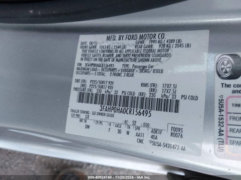 2012 Ford Fusion Se VIN: 3FAHP0HA0CR1S6495 Lot: 40924740