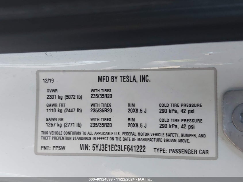 2020 TESLA MODEL 3 VIN: 5YJ3E1EC3LF641222