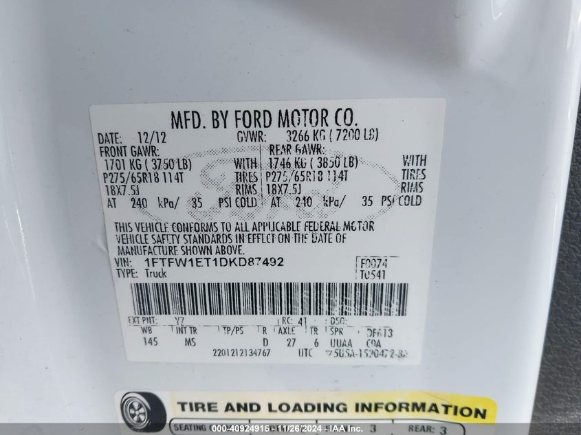 2013 FORD F-150 VIN: 1FTFW1ET1DKD87492