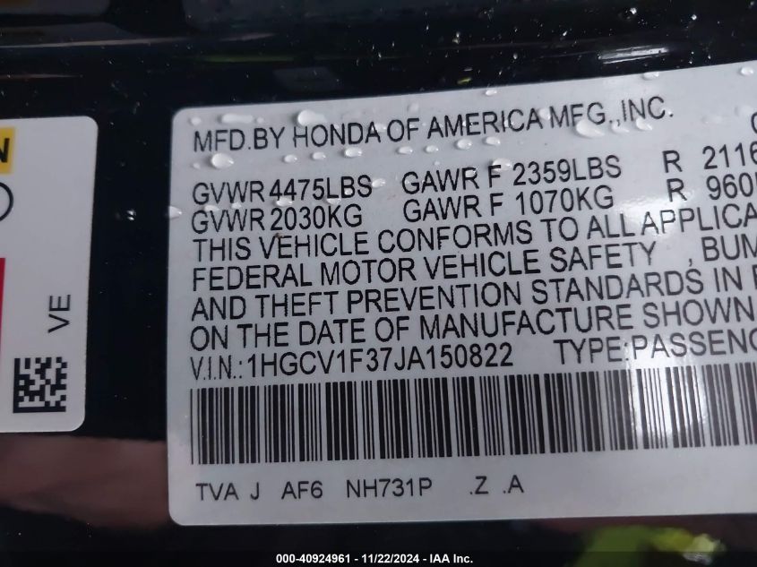 2018 HONDA ACCORD VIN: 1HGCV1F37JA150822
