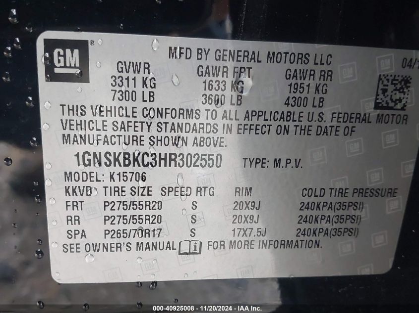 VIN 1GNSKBKC3HR302550 2017 CHEVROLET TAHOE no.9