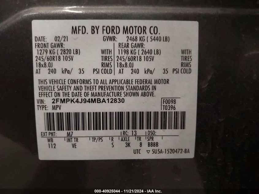 2021 Ford Edge Sel VIN: 2FMPK4J94MBA12830 Lot: 40925044