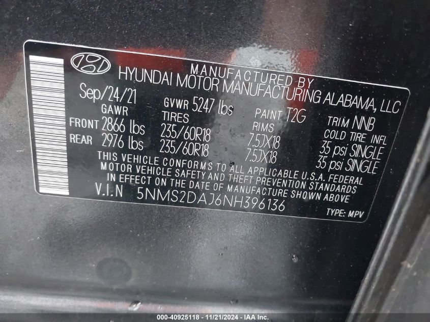 2022 Hyundai Santa Fe Sel VIN: 5NMS2DAJ6NH396136 Lot: 40925118