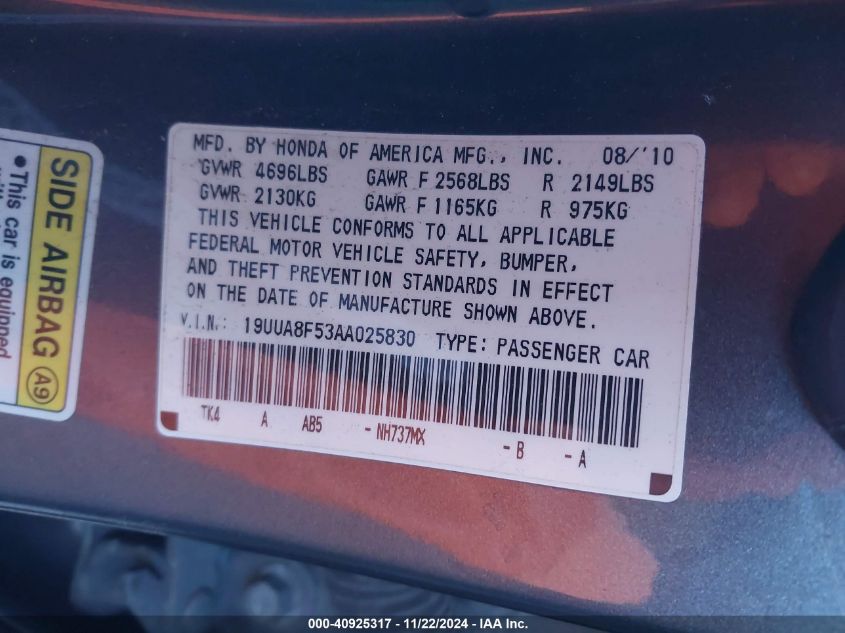 2010 ACURA TL VIN: 19UUA8F53AA025830